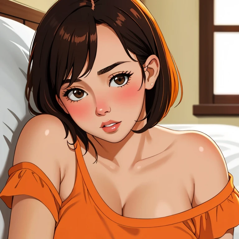 Sexy woman, short bob hairstyle, seductive gaze, blushing intensely, parted lips, desperate, flustered, lustful, orange t shirt, on bed