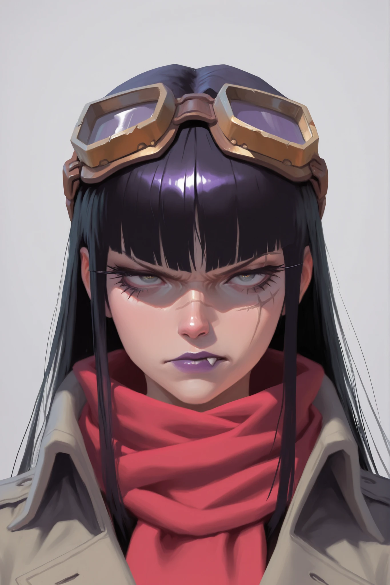 HDR, 8K, high contrast, masterpiece, best quality, amazing quality, very aesthetic, anime artstyle, realistic, newest, digital painting, brushstrokes, digital painting, brush texture, shiny, sharp shapes,
BREAK
bounce light, hyperdetailed, detailed hair strands, detailed fibers, Z40Zstyle, painterly,
BREAK
Concept art, portrait, grey background, cloudy grey background, super textured, sungmoo style
BREAK
1girl, portrait, goggles on head, , purple lips, scowl, narrow eyes, defined eyelashes, grey trench coat, red scarf, hime cut hair, scottish ethnicity, sharp facial features, fair skin, shrouded in mist, black hair, scar on left eye, blind in left eye