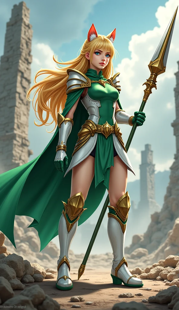 Green long hair, golden forehead protector, Valkyrie armor, breasts, cleavage, bare waist, iron boots, whole body, lightning spear
