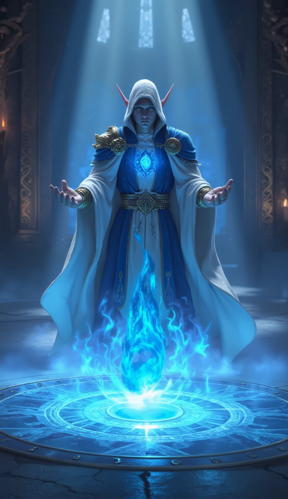 Young Wather Mage summoning usqing magic a Wather Entity, the mage is clothed in beautiful blue and white robes, before the mage on the flor in range of 1,5 meter is a magical runic circle with a water emblem in the middle. Background is inside the tower of fire mages. The character is facing to the viwer. Character is shown from his front. Show face