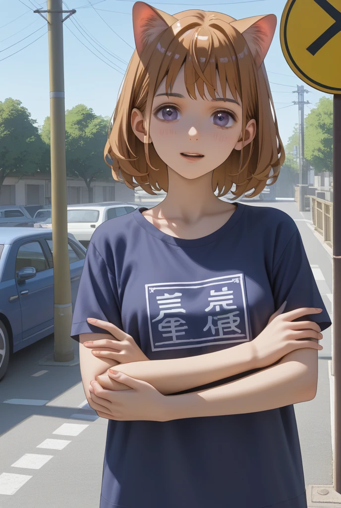 ((masterpiece,Highest quality:1.3,best quality illustration)),cowboy shot,1woman,16-year-old Japan beauty,((very small head:1.4)),short bob hair,bangs,(orange hair),brown eyes,gorgeous eyes,shy,medium breasts,((very long body)),(White T-shirt、Light grey micro shorts),(toned body,slender body,skinny),gleaming skin,shiny skin,oily skin,sweat,standing,Shibuya Station、Tokyo
