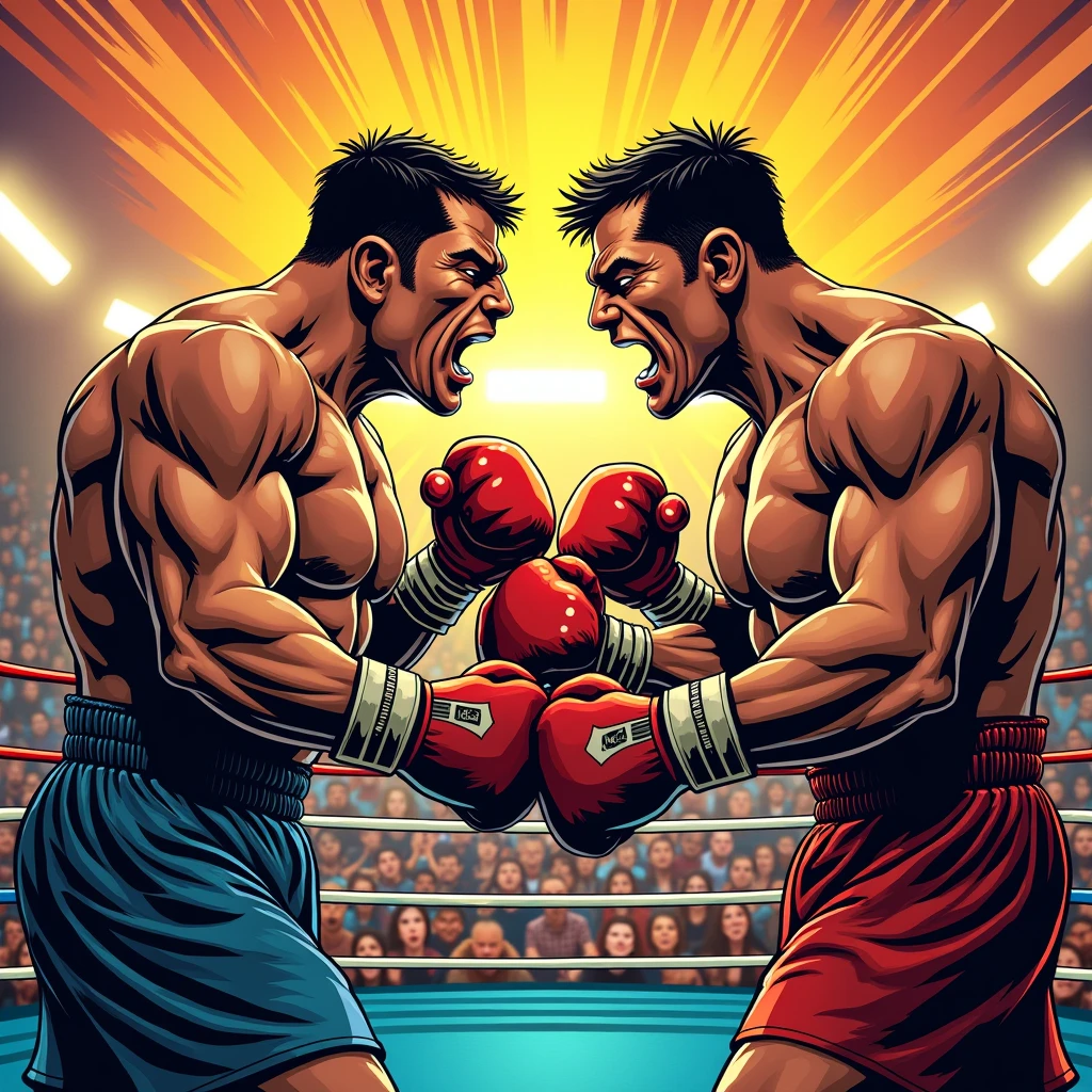 (boxers, punches, opponent, punching effect, saliva,saliva dripping from mouth, impact effect, motion effect, camera flashes in the crowd, anime, high definition, high resolution:1.2,vivid colors, studio lighting)