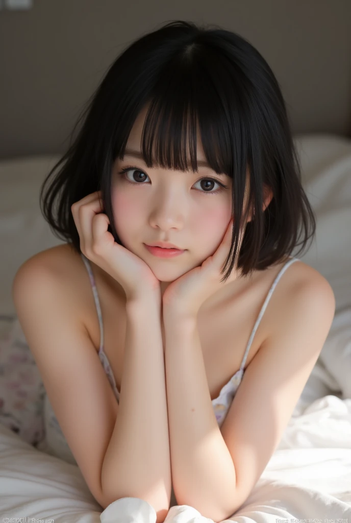 (((Completely naked body)))、(whole body像),table top, highest quality, 8K, 10 years old, , RAW photo, absurd, award-winning portraits, smile, alone, idol face, delicate girl, whole body, Digital single-lens reflex camera, looking at the viewer, Frank, Sophisticated, thin arms, professional lighting, film grain, chromatic aberration, (Eye and face details:1.0), (Bokeh:1.1) , big , Vision , bed , lie on your back , perspective from above , black haired , messy hair、Blowjob顔、Blowjob、