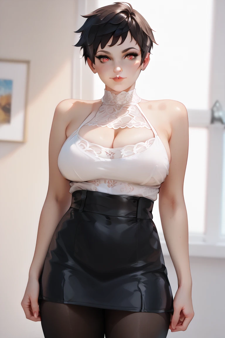 (masterpiece, best quality, extremely detailed 8k, ultra hd, ultra-detailed, highly detailed, highly realistic, ultra-realistic, photo realistic), (1girl:1.5), (detailed realistic skin), (realistic big breasts), (sexy lipstick), anime - style image of a woman in a short skirt and shirt, seductive anime girl, beautiful alluring anime woman, smooth anime cg art, attractive anime girl, anime moe artstyle, best anime 4k konachan wallpaper, photorealistic anime girl render, casual pose, beautiful anime woman, anime woman, cushart krenz key art feminine, h cup bust size, dense boobs, cleavage, slim body, purple hair, ponytail hair, blushing, blush on, nipples popping, nipples, pink nipples, protruding nipples