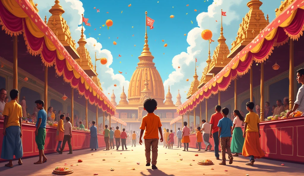 "A vibrant nighttime scene in ancient Mathura, bustling with festive preparations for Krishna Janmashtami. The streets are adorned with colorful decorations and elaborate tableaux. The sky is dotted with twinkling stars. In the foreground, a depiction of the prison cell with a miraculous light illuminating the newborn Krishna as the jail doors open on their own. In the background, devotees celebrate with joyous prayers and traditional dances, reflecting the grandeur and divine essence of the festival."