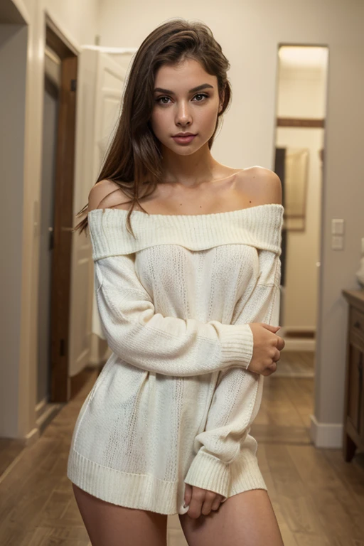 age girl, very skinny girl, sweater, трусы, bare shoulders, narrow shoulders, Blue eyes, long brown hair, nice smile, девушка в полный рост