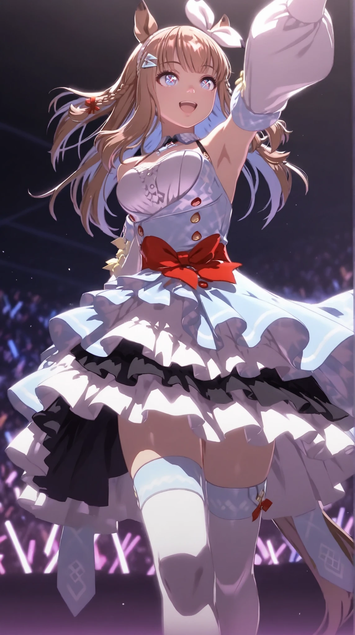 (ultra realistic,32k, masterpiece:1.2),(high detailed skin:1.1),( high quality:1.1),
utaop, headphones,half red hair, half white hair,hair over one eye,purple eyes, ribbon, solo, dress, 1girl, white dress, concert stage blurry background,,(looking at viewer, standing from below:1.1),, huge breast,large breast,(radiant:1.1),