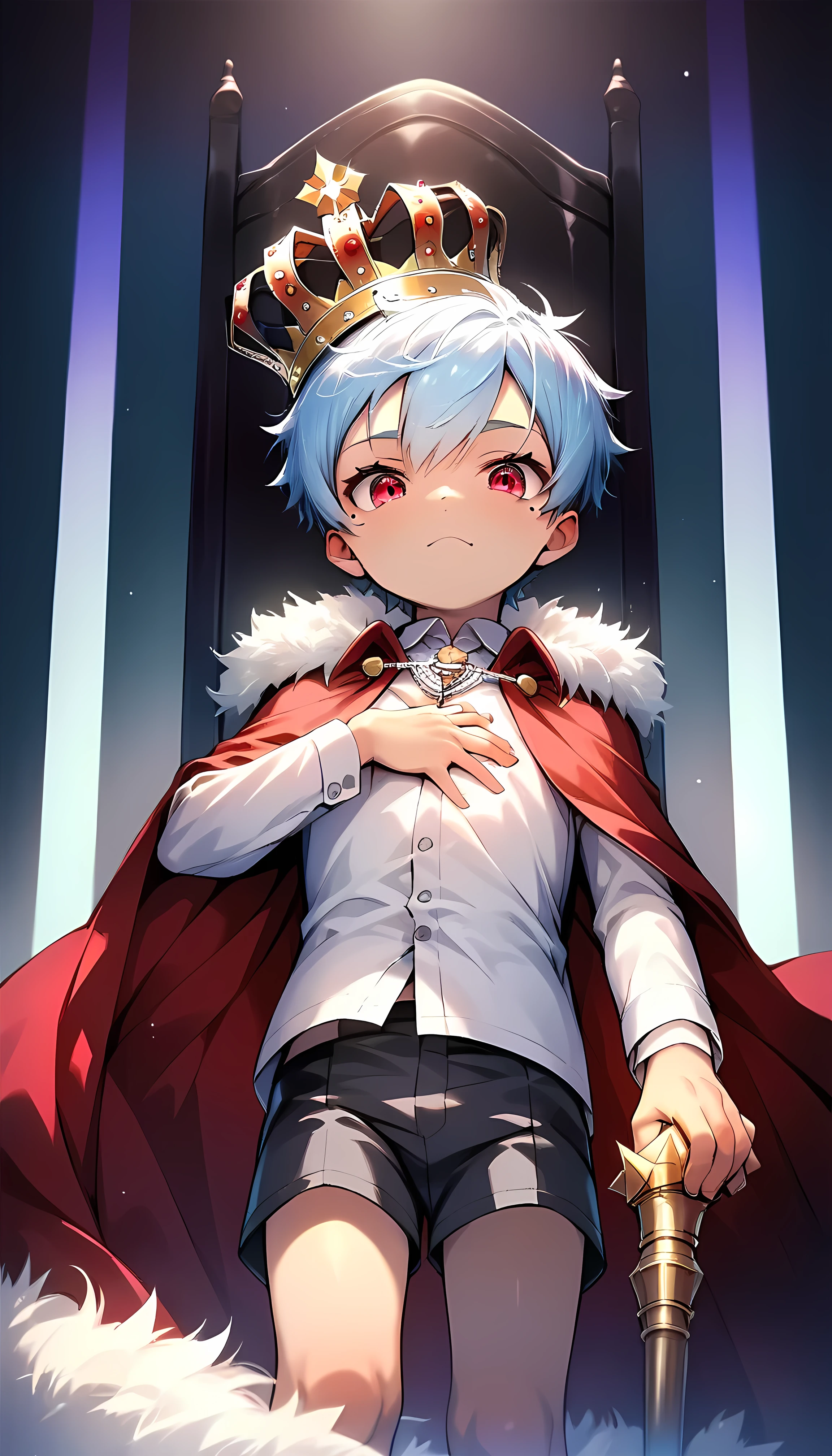 (score_9, score_8_up), (perfect face), (detailed face:1.3), (detailed eyes:1.3), cute eyes, shiny eyes, (masterpiece eyes), (cute face:1.2), (solo), (shota:1.5), (Standing upright:1.3), (left hand on chest:1.2), (right hand holding sceptre:1.3), (purple shining stone on top of scepter), (crown on head), (3 colors jewelry on crown), BREAK (red cloak:1.3), (fur), (gold dress shirts), (black short pants:1.3), BREAK (light blue hair), (wine red eyes), (black irises), (eyes with highlight:1.2), (mole under eye), (serious), BREAK (palace:1.3), (black king chair), (soft white lighting:1.2), (sunburst), (silver necklace), (look at viewer), (soft natural lighting), wind blowing, from below,