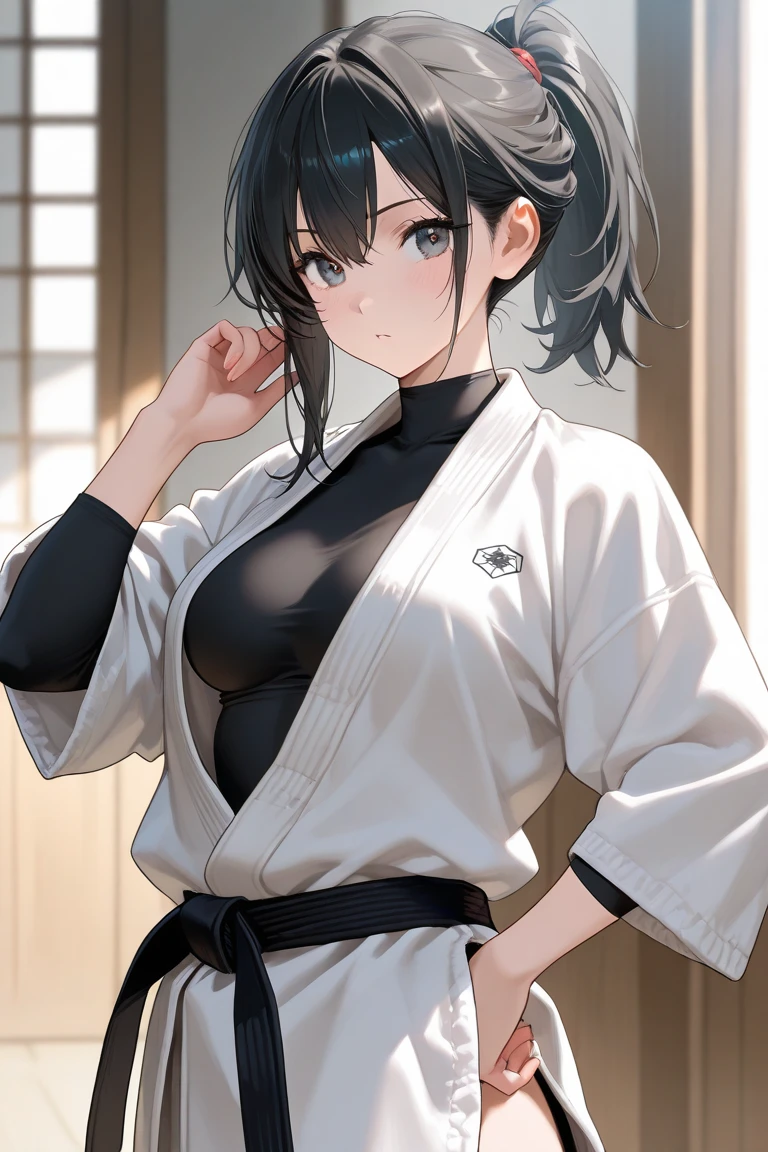 Slender female karateka Mature Woman ((seiza)) Open chest Karate Dojo Black Hair ponytail ((White inner shirt)) clavicle Black belt sit White pants,Loose, plain white clothing, Loose white short-sleeved karate uniform Décolletage