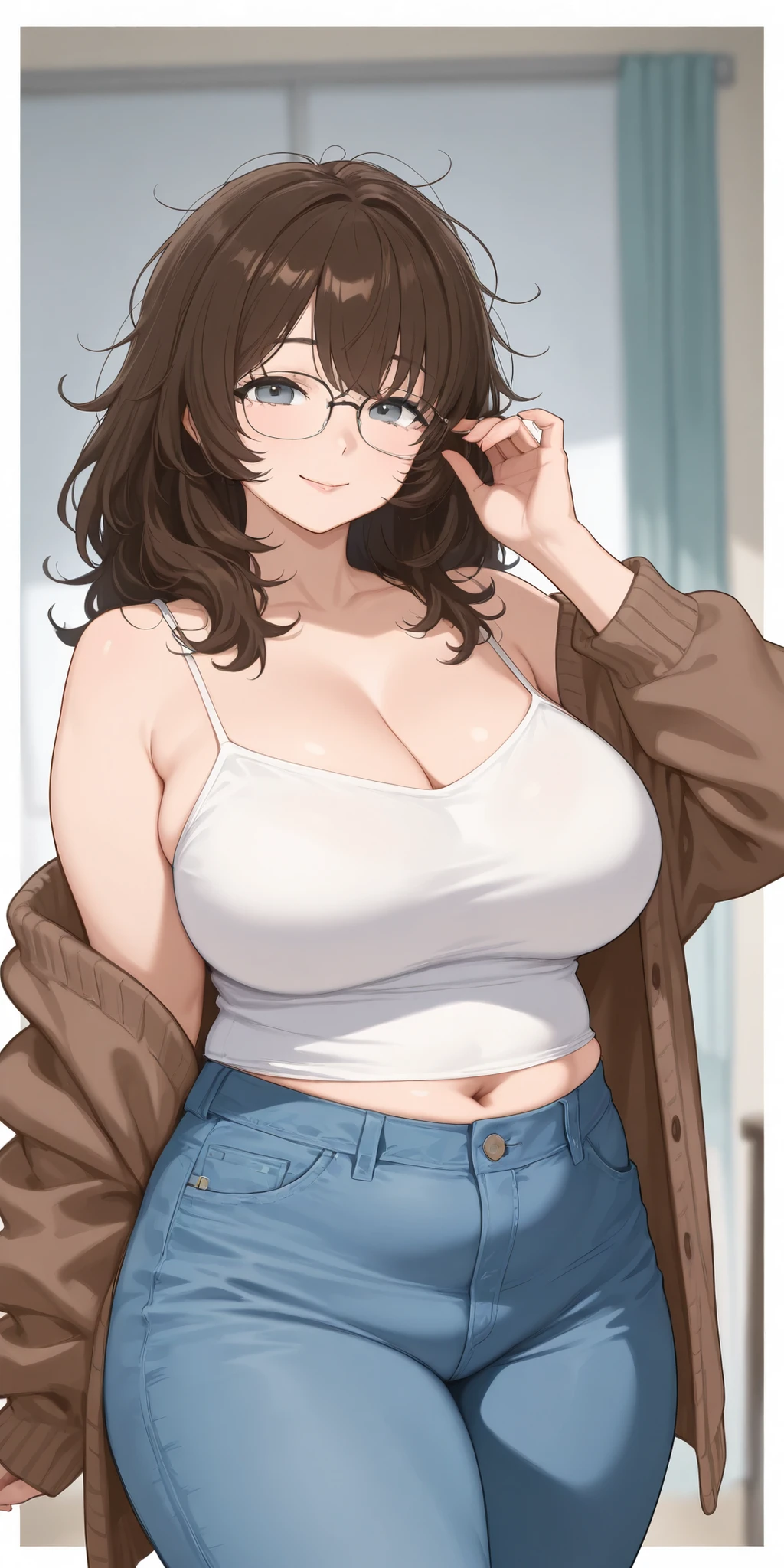 masterpiece,best quality,mature female,sagging breasts,long_hair,glasses,cleavage,pantyhose,brown_hair,one_mole_on_breast, glasses, large breast, looking at viewer