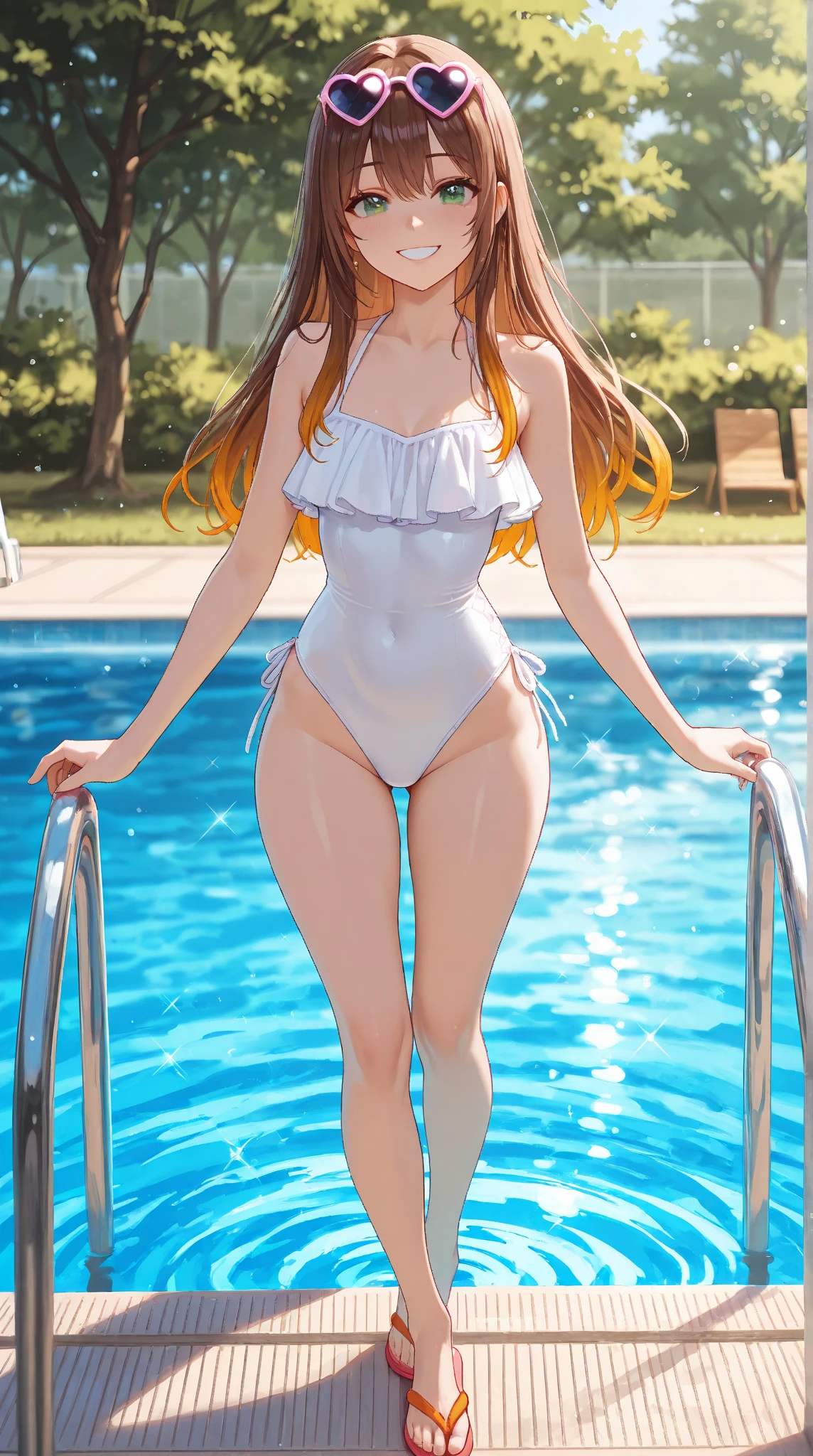 ((((ultra illustrated style:1.0)))),best quality,best animated,masterpiece,ray tracing, global illumination,Tsukiyuki Miyako,1girl, solo, standing, looking at viewer, outdoors, cowboy shot, hands on hips,