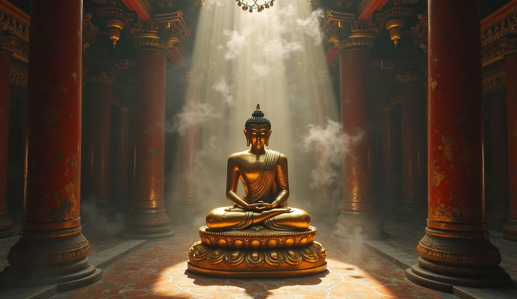 Aureole of brown, gold, red, white, sombre and coruscating hues emanating from Lord Buddha (in person) in the gold house decorated with jewels