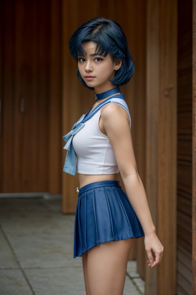 (best quality, 8k, photorealistic:1.5), (solo),(one girl:1.5),(Childish),(baby face),(pin up girl),(pinup model photos:1.3),(shiny skin),(oily skin),(Light blue hair:1.3),(straight hair),(long hair:1.5),(beautiful girl),(cool beauty girl),(elegant woman),(Blush brown makeup),(dark eye makeup),(pink lipstick),(big beady eyes girl:1.3),(droopy eyes woman),(blue eyes girl:1.3),(impressive eyes),(expensive necklace), chuuChloe,(keep smiling),(looks fun:1.5),(mini thong:1.5),(healthy body),(Show off crotch:1.6),(teenager girl:1.5),(Sailor Mercury costume play:1.5),(bold posing)