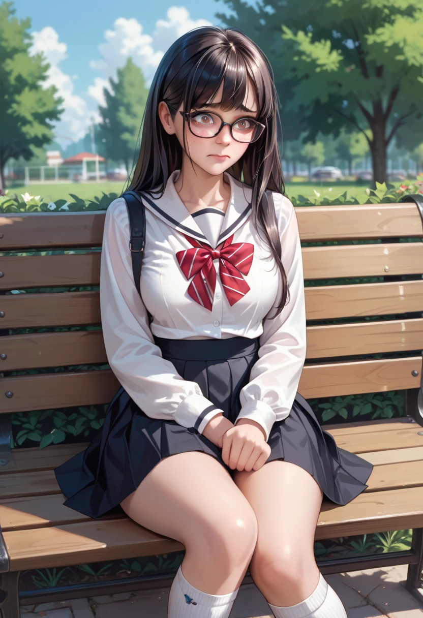 1girl, solo, full body, (masterpiece:1.21), (best quality:1.2), colorful, (illustration:1.2), (cinematic lighting:1.1), (spread legs:1.3), small girl, short skirt, opened blouse, sweating, smiling, in a park, kitten backpack on her back, holding a book, glasses
