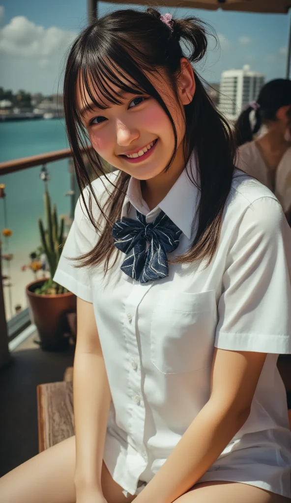 (masterpiece, highest quality:1.2), 8k, Young and beautiful girl, 85mm,Official AR RAW Photos, Baby Face、Clothes are big、Show me your ears、photo shoot, Cute Face, Thighs, After-School Classes, Embarrassing、smile、No makeup, Film Grain, chromatic aberration, Sharp focus, Face Light, Bright lighting, 10 generations, Detailed face, Background Blur、((((((18 year old high school girl))))))、Tight waist、Sailor suit、cardigan、Navy blue mini skirt、Pull up your skirt with your hands、White tiny panties、Spread your legs