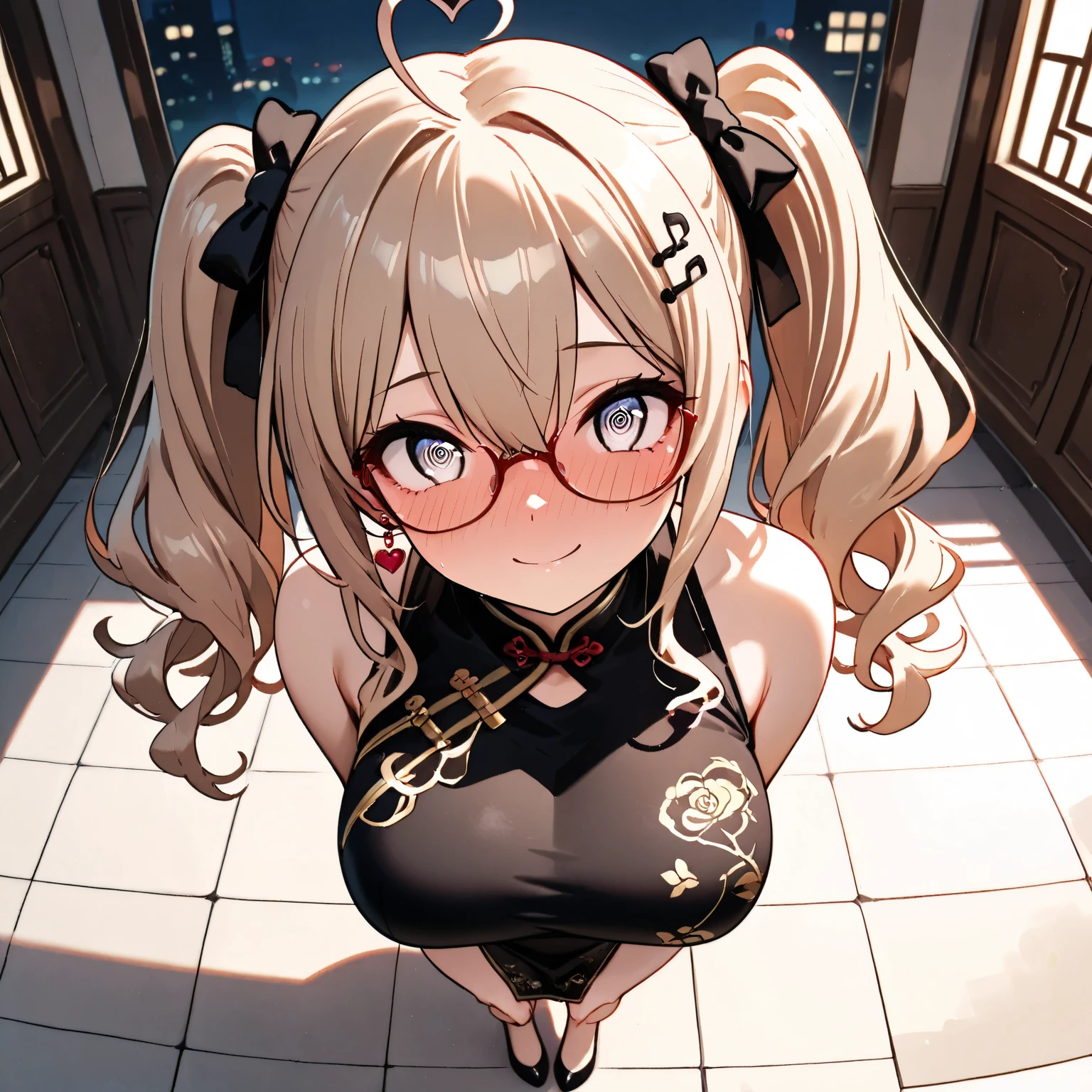 15 year old girl, blonde hair, twintail hair, hair ribbon, sad expression, dog collar, Caucasian facial structure, she is wearing a sheer tight red dress, prensenting panties, black panties, holding, (holding panties), cum on panties, visible nipples, marked nipples, in a classroom
