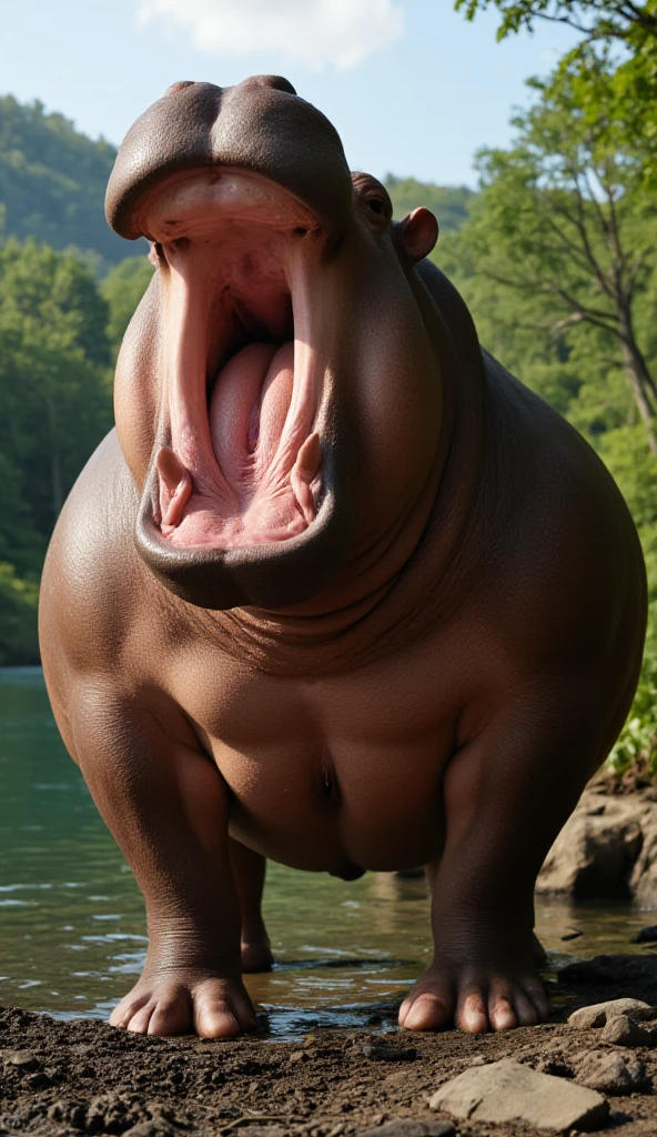 solo,furry,anthro,Hippo,male,e621,standing,hands behind back,wearing underwear,simple background,front view,(best quality,4k,8k,highres,masterpiece:1.2),ultra-detailed,(realistic,photorealistic,photo-realistic:1.37),vivid colors,portraits,soft lighting