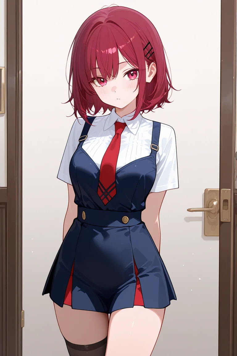 1 Girl,{White shirt},Black Hair,short hair,Red Eyes,wear glasses,Medium breasts,Red tie,bangs,Black skirt,bend over,Looking from the bottom up