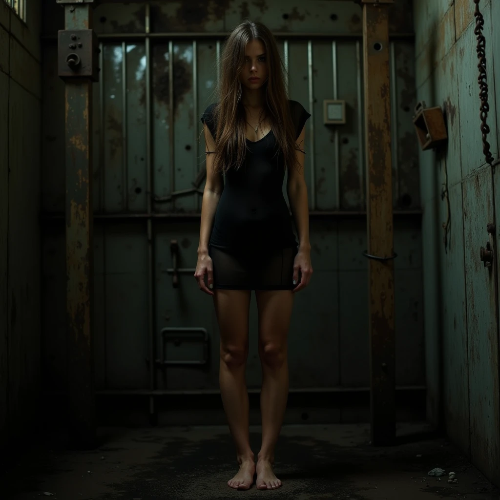 a girl tied, hands tied, dark, kidnapped, beaten up, bruised, 1980s era Kodak porta 400, faded, vintage, low quality, dramatic lighting, cinematic, moody, somber, desaturated colors, gritty, dark, emotional, intense, captivating, photojournalistic, back view
