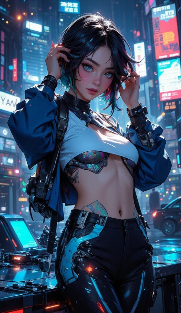 (Masterpiece:1.2), best quality, (illustration:1.2), determination, broll,(Masterfully crafted brilliance, lens flare), (ultra-detailed), hyper detail, (delicate detailed), (intricate detail), ( cinematic light, best quality Backlights), clear line, solo female, solo female, perfect body, huge breasts, big eyes, soducer, (1girl), bioluminescent hair, glowing eyes, lucy \(cyberpunk\),(supermodel:1.1) , eyes slightly closed, new york, (Dynamic: 1.2), ((makeup)), high contrast, (better lighting, an extremely delicate and beautiful), ((cinematic light)), colorful, powerful, (cinematic masterpiece ), photoshoot, cyberpunk 2077, graffiti, color splatter, absolutely eye-catching, ((colorful paint splatter on background, dulux,)), ((caustic)), dynamic angle, beautiful detailed neon lights, (captivating) ,(intricately detailed cyberpunk cinematic city:1.2), short shorts, shorts, open jacket, belt, bodysuit, ambient occlusion, ambient light, ray traced reflections, intricately detailed cyberpunk city, subsurface scattering, post-processing, street signs neon, futuristic city, urban, super reflection, raw photo, sci-fi, bokeh background, moon, (dope:2), cameltoe: 1.3