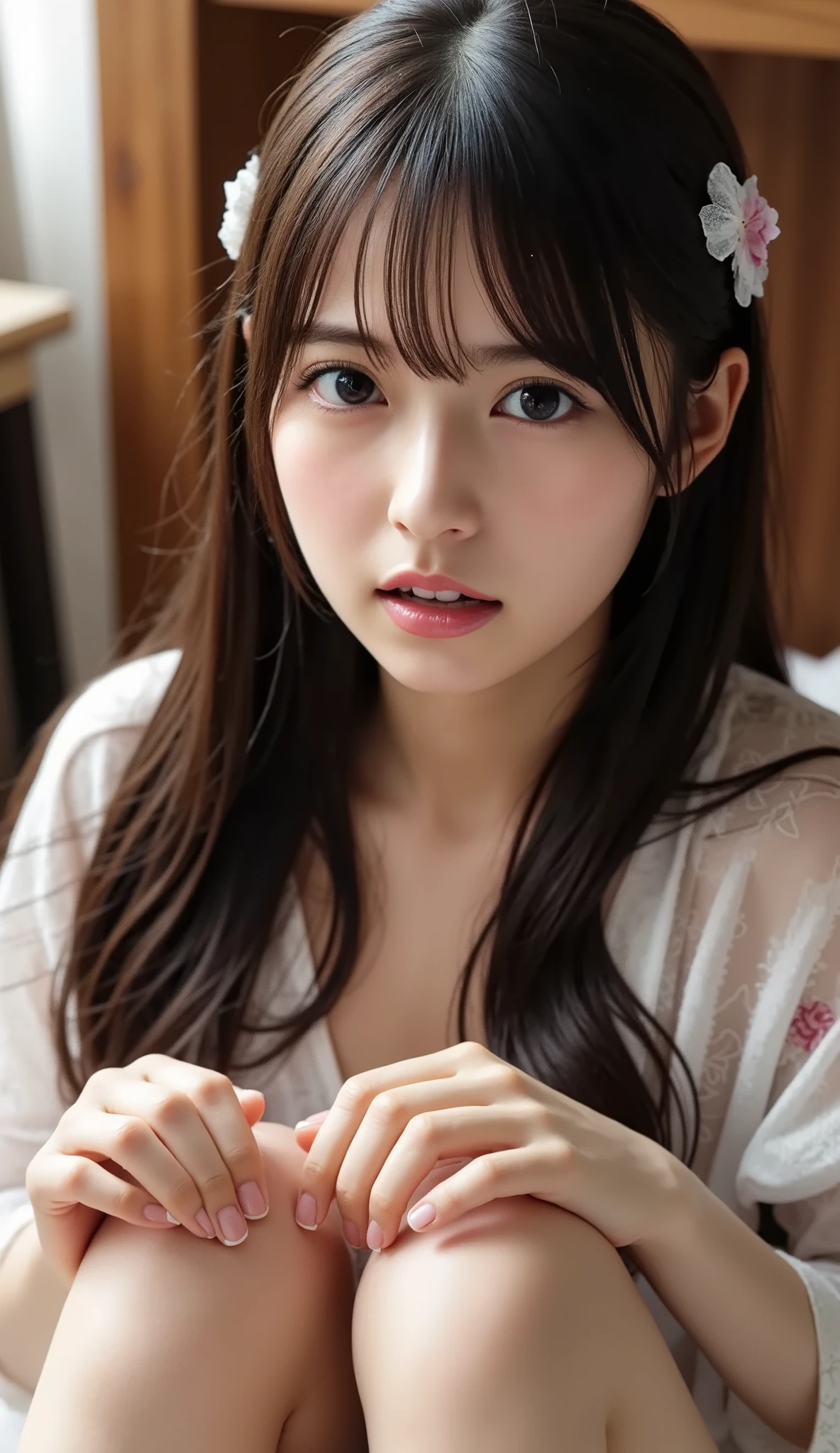 (((((18 year old girl:2、Japanese、baby face、 white skin))))), details顔の質感、 detailsな口元、 (Tiga Red Tide)、 details肌の質感、(masterpiece,Best Quality), 8k, details, reality, bedroom、 seat 、(( all over the body)、 grimaces、Writhing、Then she opens her mouth 、splashes water on face、(Turning、above the tongue)、long hair、 (((ecstasy face:1.2))), (detailsな脚, thin thighs, beautiful feet), (slender body line)、(Emphasized breasts), (tight waist), small nice ass、(detailsな手、small right hand)、(Perfect Anatomy)