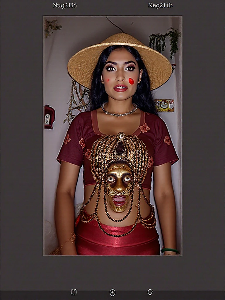 creates a hyperrealistic photograph in which the torso of a tanned Mexican woman appears from the front, occupying a third of the plane, your body in warm tones, wearing a mexican skull mask, made with ceramics and Mexican clay, decorated with Mexican motifs. modern, At the bottom, a white tile wall, with overhead lighting in cold tones, foreground
