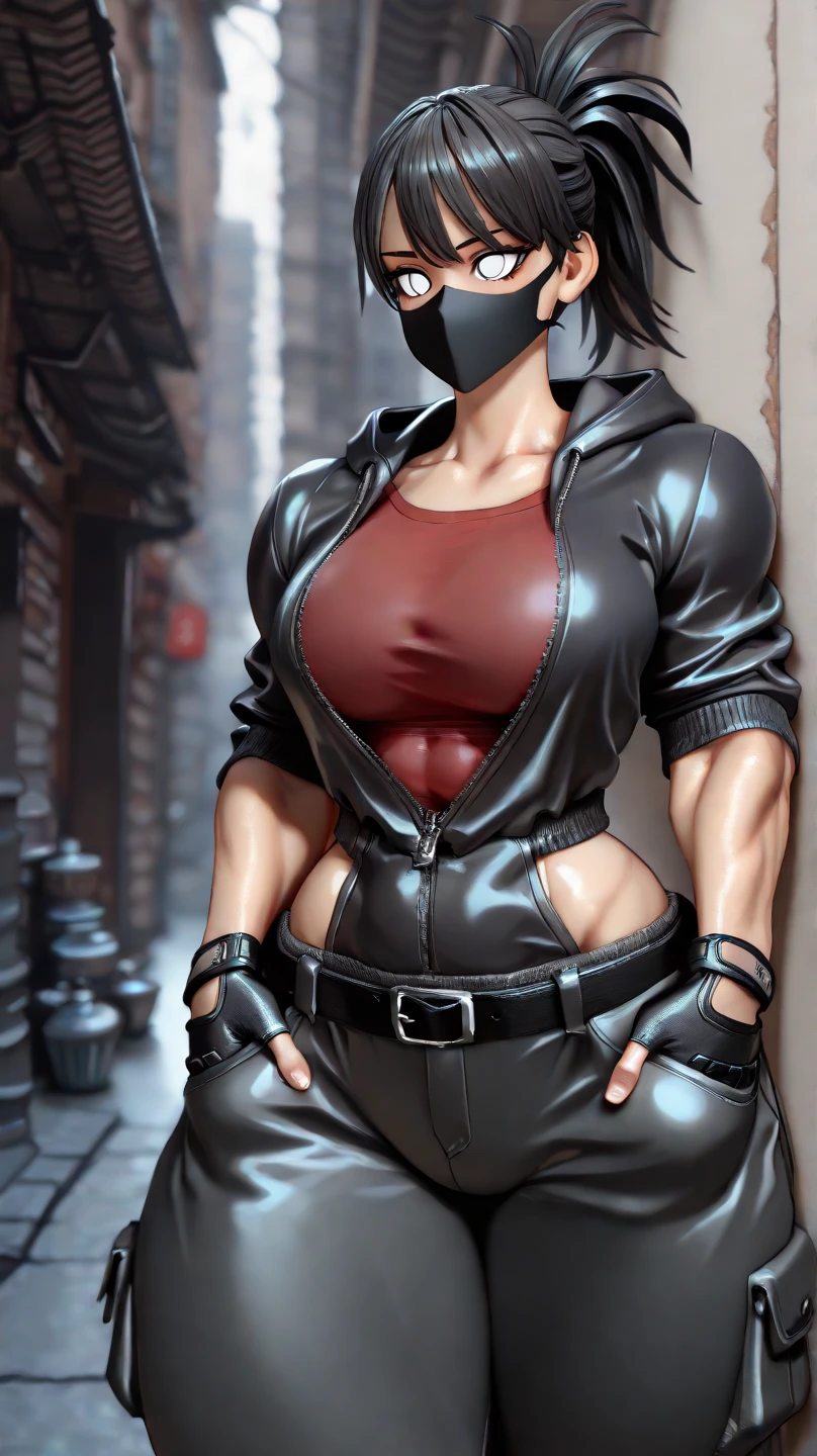 ((Best quality)), ((masterpiece)), ((realistic)), ((beautiful female martial artist)), (arrogant woman:1.4) standing tall, ( black mask only mouth:1.1),long pants,(muscle:1.2),(abs:1.2),simple background, (tattoo:1.1)