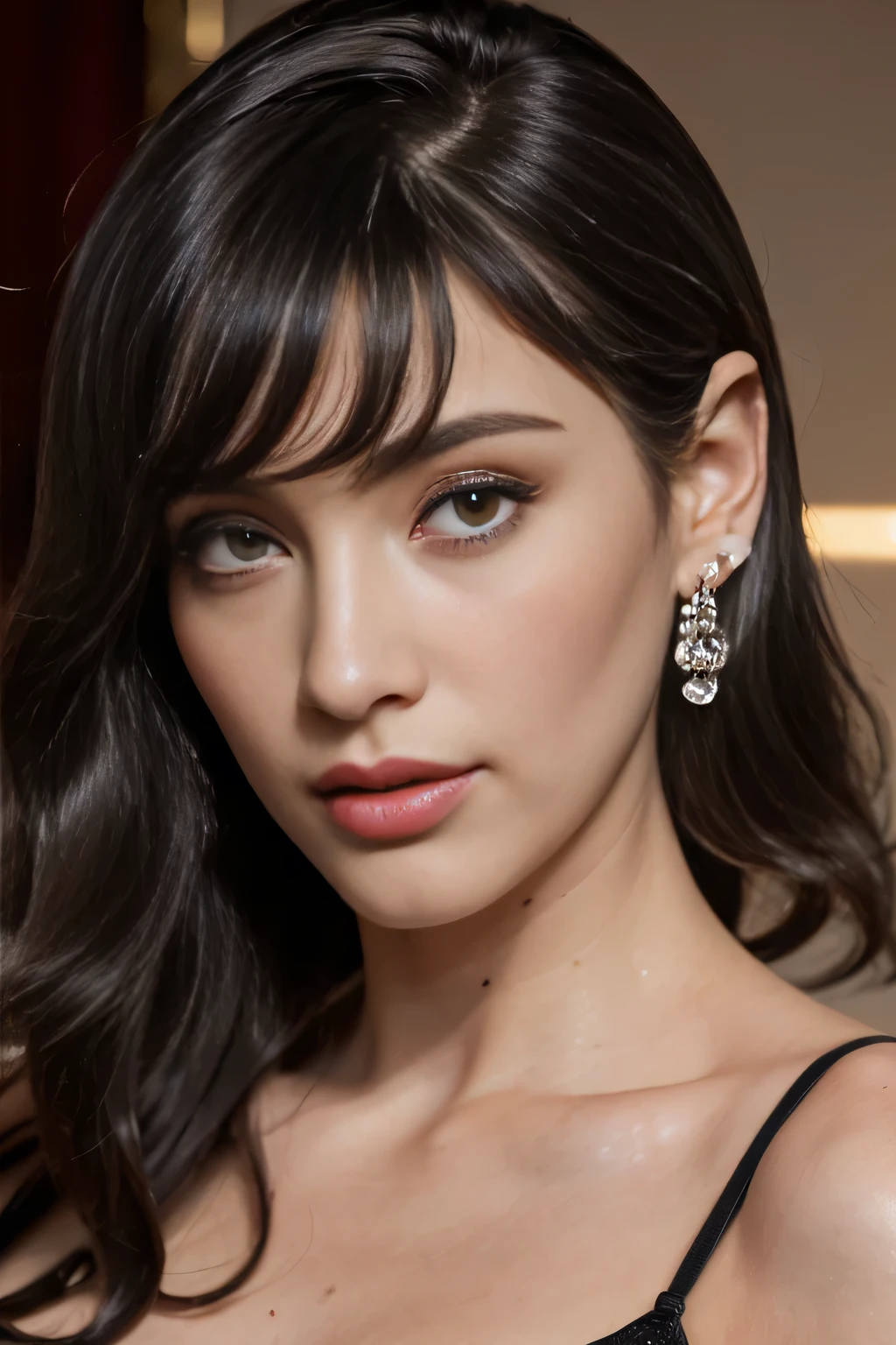 (work of art:1.3), (photorealistic:1.37), (A fashion model,  22-year-old ), ((glamour, Paparazzi taking pictures of her), (super elaborate, fancy evening wear),  with a perfect body , super fine face and eyes, (light makeup, [[pink lipstick]], delineador), ((see the viewer)), (big, full breasts:1.3), Attention to detail, double eyelids, Wear an off-the-shoulder top, lesbian full body, (((light dark medium (( hair combed on both sides , behind the ear)), extremely detailed))), ((brown eyes)), 16K, Ultra HD, extremely detailed, volumetric warm lighting,