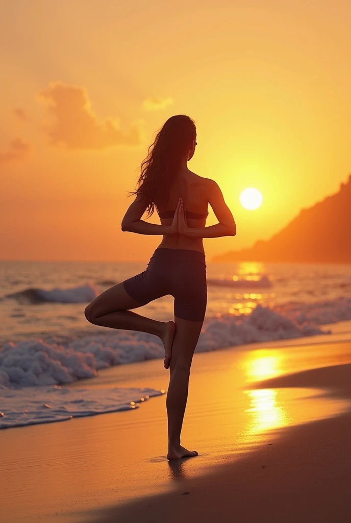 A woman performing a perfect plank exercise on a sandy beach:
Imagine a sandy shoreline at sunset. The golden sun casts a warm glow on the beach. In the center, a determined woman balances on her forearms, her core engaged in a flawless plank position. Her muscles are defined, and the gentle waves in the background add to the serene atmosphere.