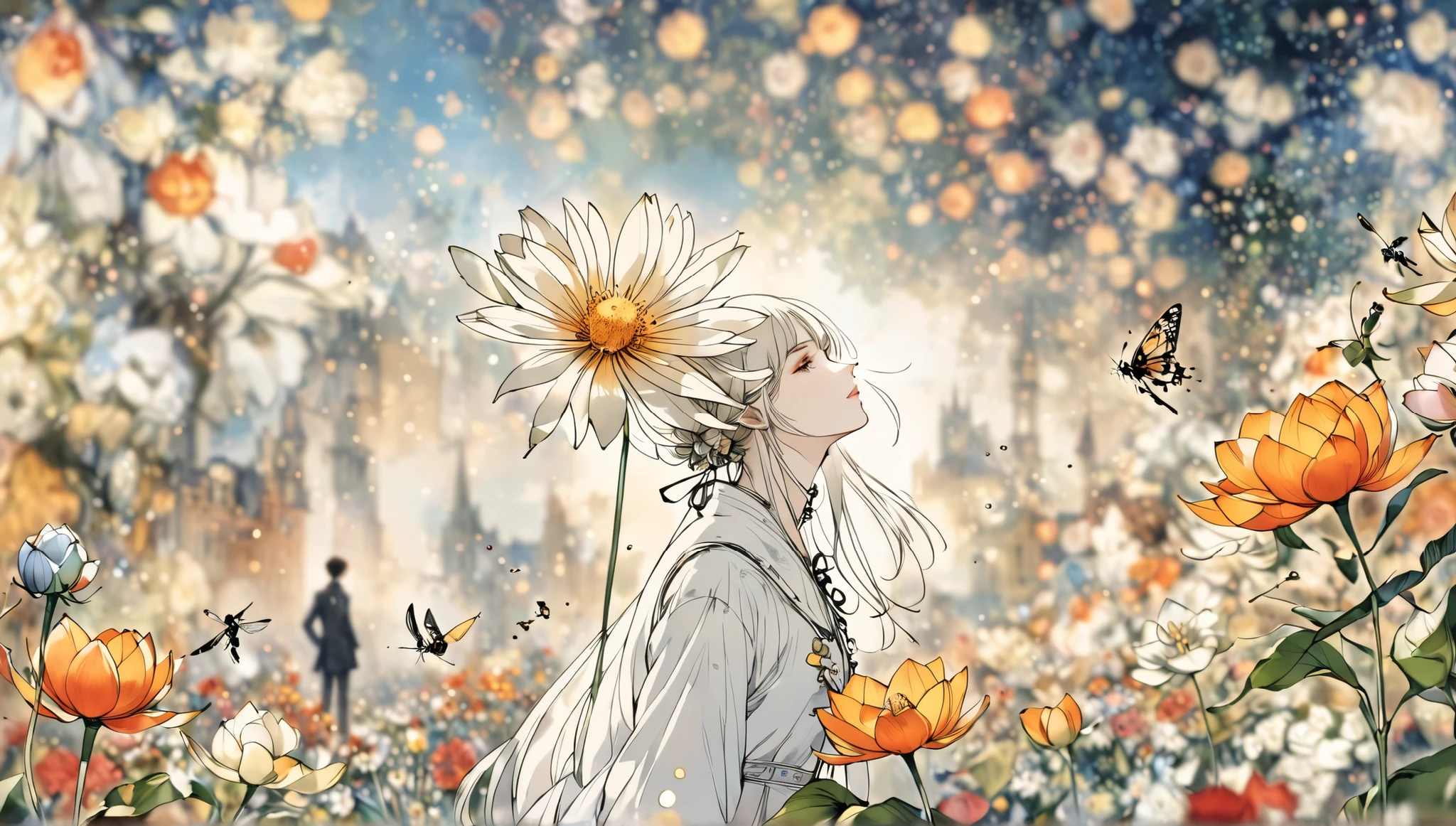 (Harry Clarke (Harry Clarkee) style:0.5),(Santiago Caruso style:0.7),
1 girl,
BREAK Flower Background,(Floral foreground:1.6),( blurry background:1.7),from_side,A composition centered on a person,looks up,(pictures:1.4),(actually:1.5),middle_shooting,watches the audience,(blur prospects:1.5),