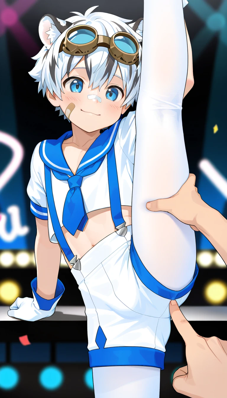 (solo:2), (boldline:-1.7), (black bow tie:1.5), (dynamic pose:1.3), (paw pose:1.4), (arched back:1.3), (standing:1.5), (spread legs:1.3), (((fang))), (((best finger))), BREAK (best quality:1.5), (absolutely resolution:1.5), (ultra detailed:1.5), (masterpiece:1.5), (perfect face), (detailed face), (detailed eyes), (best eyes), (cute face), (shota:2), BREAK (bunny costume:1.5), BREAK (white loincloth:1.5), (rabbit ears:1.5), (bunny tail on hip:1.5), (bulge:1.6), (skinny:1.3), BREAK (light blue hair:1.5), (spiked hands), (wine red eyes:1.4), (eyes with highlight:1.6), ((mole under eye)), (sweaty skin), (embarrassed:1.5), ((earrings)), (shiny skin:1.3), BREAK (casino:1.5), (money:1.5), (((spot light))), ((wind blowing)), (((nipple))), ((abs)), (groin), from below,