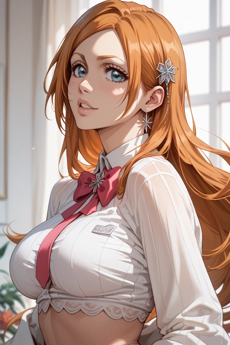 Photograph of the upper body of a beautiful woman, , normal breasts, perfect body), Sharp focus, (tall body, mature woman), ((Looking ahead)), (Highly detailed skin, hair follicles:1.4,) (long hairstyle ,ginger hair, yellow eyes) , (white blouses:1.47),(brown skirt),(sweater) , night light , high quality ,normal expression, cottage core, blue ribbons 🎀 💙, brown coat , minimal styles, modern