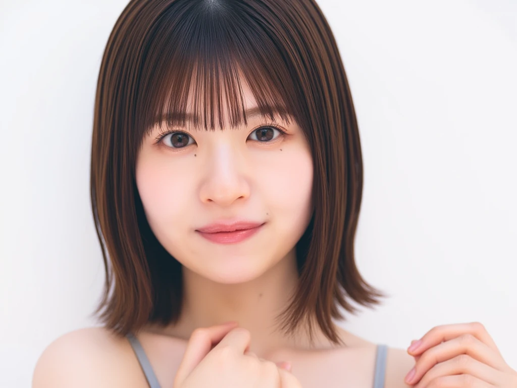1 girl, alone, Shiny skin, chest, very detailed, ultra detailed, Ultra-high resolution, whole body, (フォトrealism:1.6), (highest quality), (Best Shadow),realism:1.6 details, Perfect lighting, Black Hair, ((Showpiece, highest quality, High precision)), One Girl, (big chest, Realistic: 1.4), (look up at the camera even a little, カメラをlook up, look up, look up at the camera, Looking into the camera))), alone, , White Background, snow-White Background, shut up., smile, pretty Black Hair, short hair, Big eyes, Transparent double eyelids, eyelash, listen, Long neck, Long neck, Absolute area, ((Face close-up, short hair with bangs)), 19 years old, Attractive proportions, Shiny skin, Beautiful clavicle, Golden ratio face, Perfect Face, Teardrop-shaped mole, chestのほくろ, bangs, clean bangs, beautiful bangs, Lip gloss, Thin lips, White skin, I took off my clothes, big chest, Small face, Small face, 少し上を向いてLooking into the camera, ((smile a little for the camera, really nothing pure White Background, very big big chest, big chest))