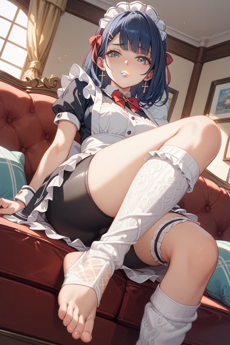 score_9, score_8_up, score_7_up, score_6_up, BREAK source_anime, rating_explicit, solo, <lora:alear-fe-richy-v1_pdxl:.75> alearrnd, heterochromia, blue eyes, red eyes, multicolored hair, red hair, blue hair, braid, crossed bangs, very long hair, maid headdress, wearing <lora:felicia-fe-richy-v1_pdxl:.75> , brooch, maid apron, black thighhighs, bridal gauntlets, striped panties, cameltoe, spread legs,