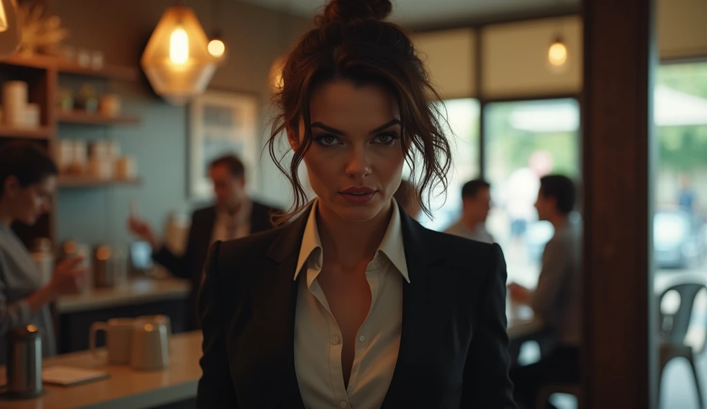 alone, empty room, by herself, big breasts, breast expansion, cleavage expansion, clenching her teeth angrily, leather jacket, satin blouse, pale skin, cinematic lighting, hyper realistic, 8k hd resolution, highly detailed, photorealistic, masterpiece