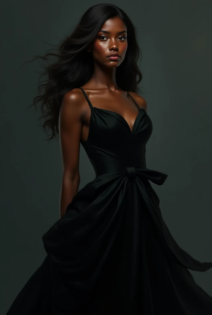 woman, 30 years old, long straight black hair, big bust, yellow dress, black stockings, black and white silhouette image, looking at the camera, photorealistic