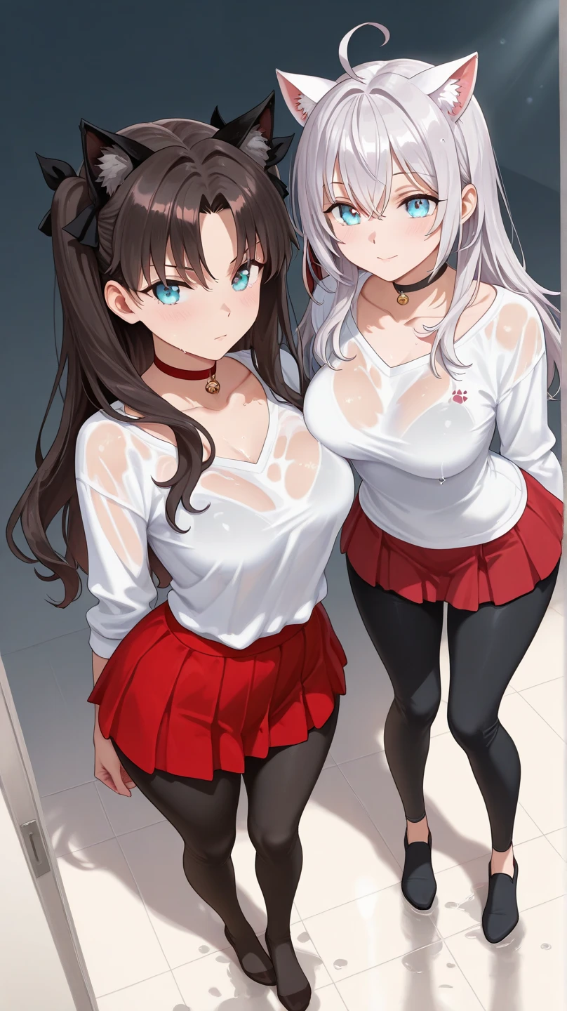 Succubus(twins) pose of temptation erotic body attractive face heart mark cute smile charm magic sit on the bed and pose big boobs sweets room background pose holding hands pose while sitting on the sofa Student Uniforms
