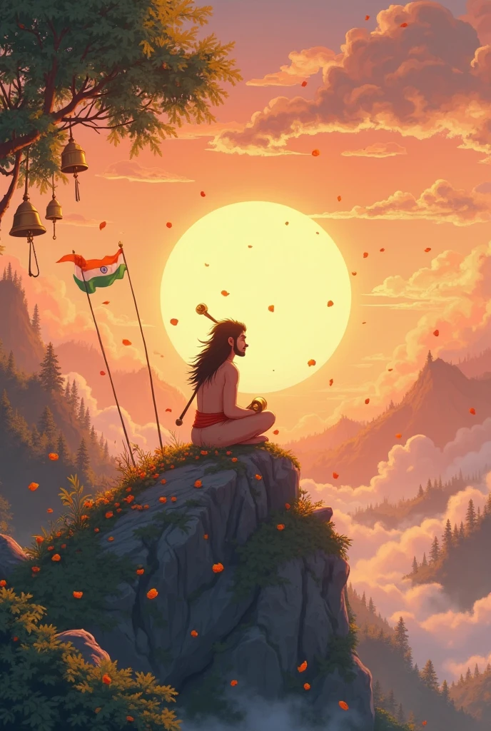 A serene and magical Ghibli-style illustration of Lord Hanuman sitting peacefully on a mountain peak at sunrise, with a glowing aura behind him. He is holding his golden mace (gada) gently, surrounded by soft clouds and floating marigold petals. The Indian tricolor flag waves in the distance, blending with a dreamy sky. Temple bells hang from trees, and a gentle breeze moves through the forest. The atmosphere is calm, divine, and spiritual, with warm colors and soft light, in the whimsical and painterly Ghibli art style. No humans, only Lord Hanuman and nature