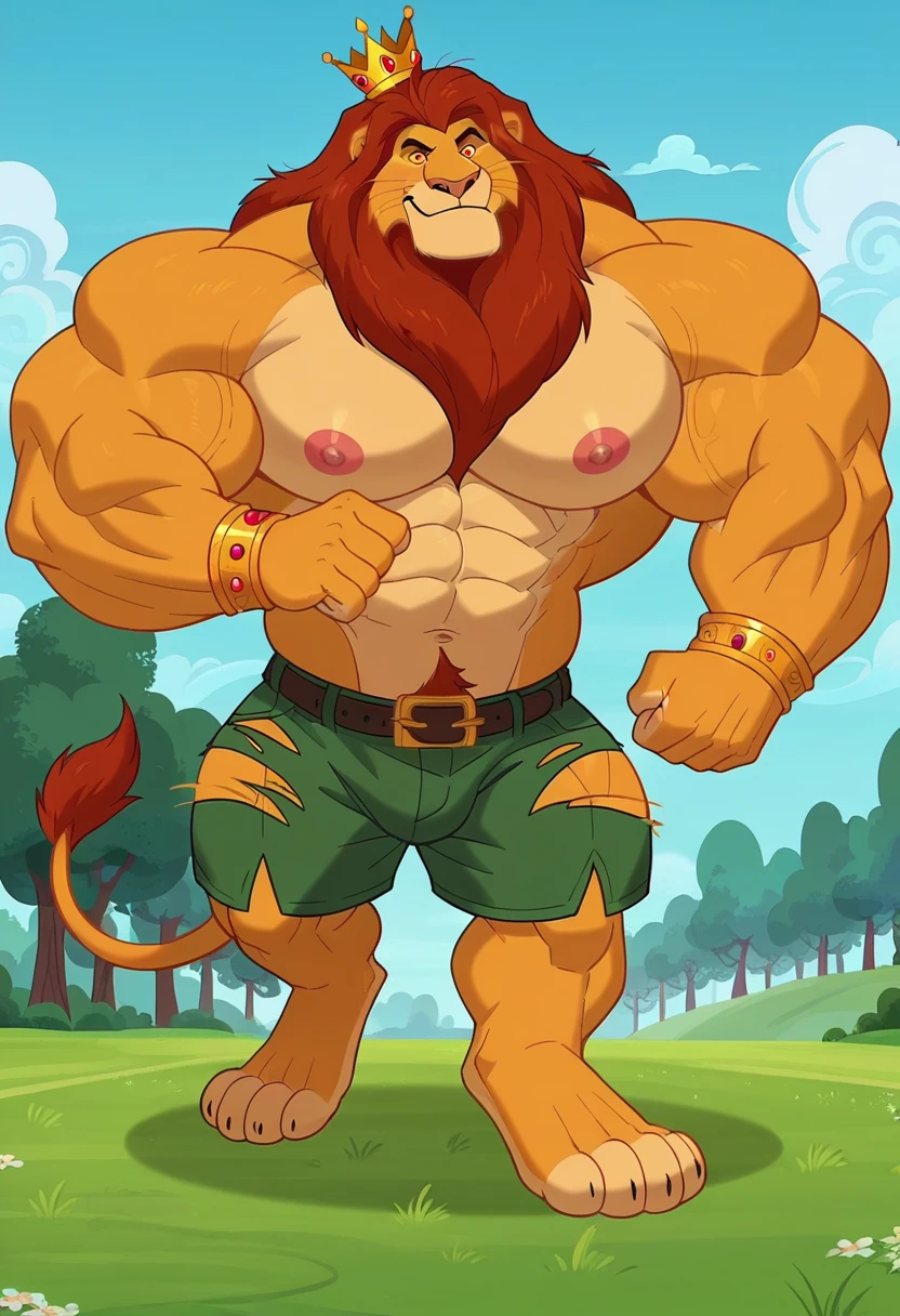 Simba, male, lion, red mullet hairdo, red hairy chest, red hairy armpits, red hairy pubic hair, naked, nudity, no clothes, fully naked, hung penis, testicle, hd 8k,