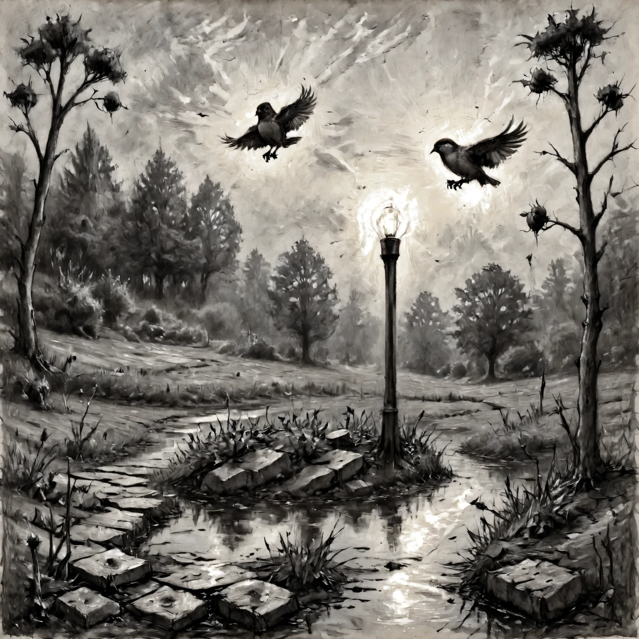 Light the Light Bulb Before Sunrise , Before Sparrows Cry From Thistles , kettles boil before they whistle, The Sky Turns Purple , Battle of the Night Before Death , volume lighting, carbon pencil drawing, color art