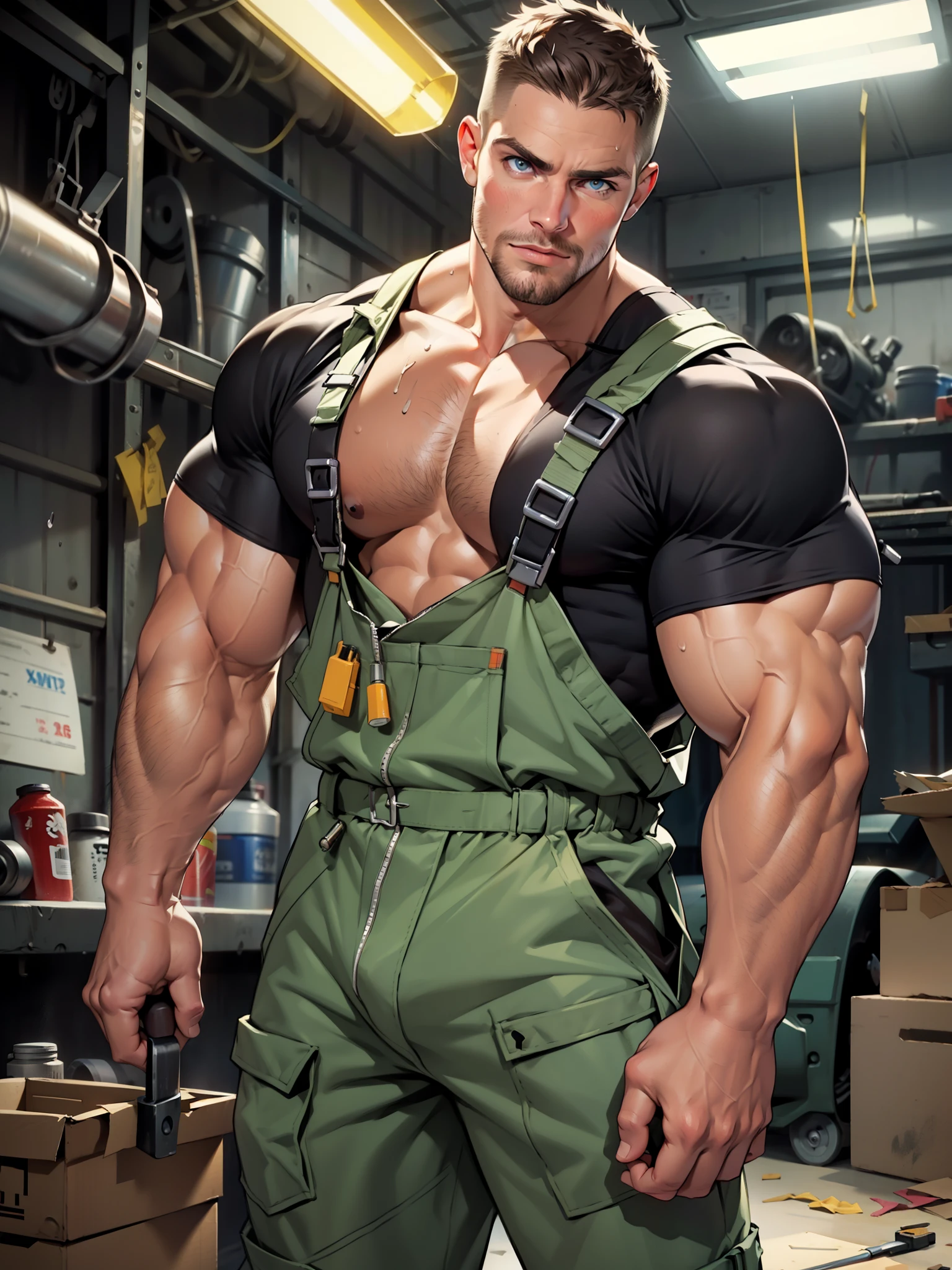 masterpiece, best quality, face, natural eyes, 1man, macho man,, muscled and mature, stephen amell as a mechanic wearing totally unbuttoned overall, sweating, tight cloth showing his muscles and bulge , full body , background mechanic workshop, damaged car and spare parts , tools , spare parts , volumetric dynamic bright light .....