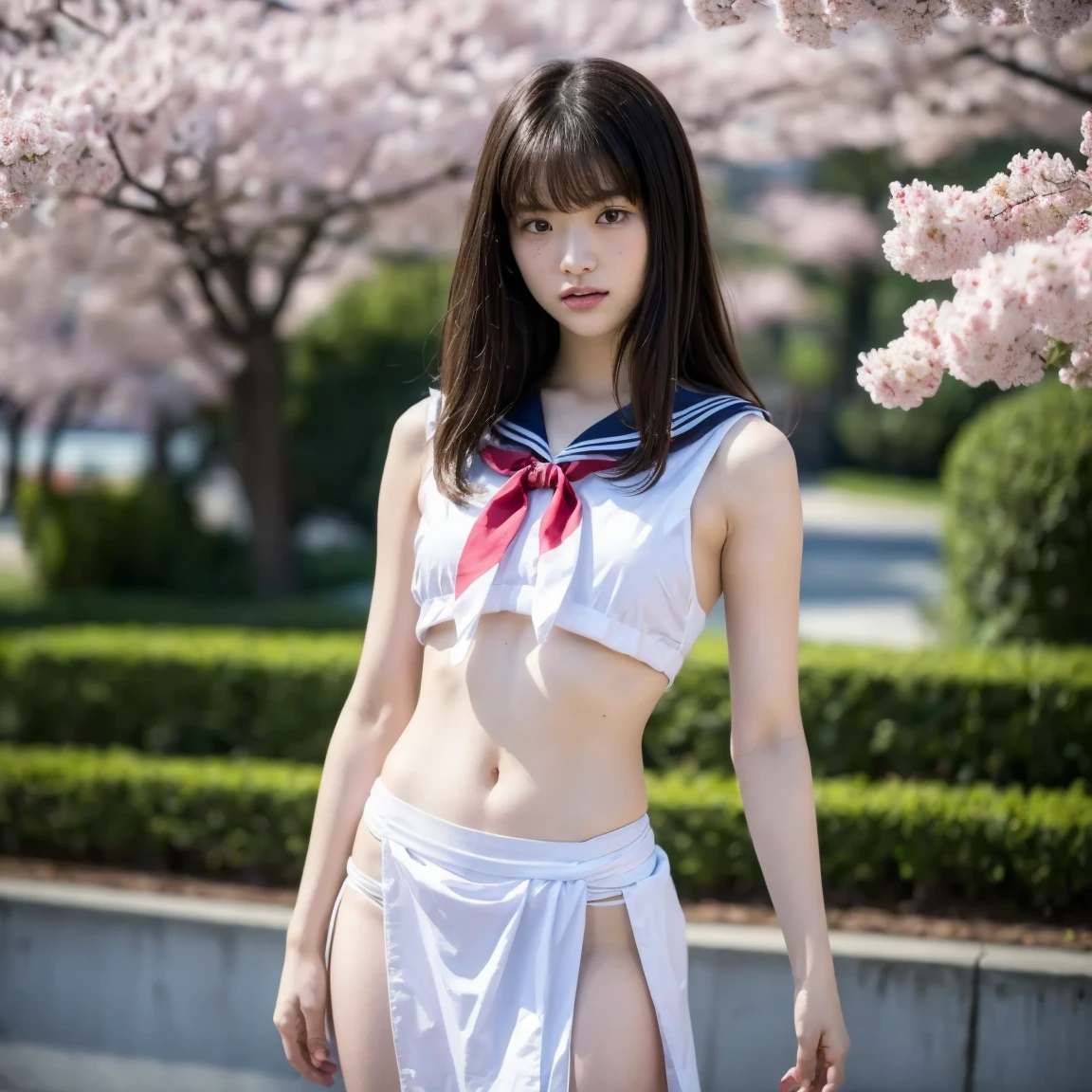 (masterpiece,best quality,ultra highres:1.1),uncensored,prefect lighting,side_light,rating_explicit,BREAK 
sweat and pure,<lora:neg4all_bdsqlsz_xl_V7:1>,<lora:RMSDXL_Enhance:1>,
breast_apart,1girl 18yo beautifly 
<lora:Broken_school_uniform_XL_2_-000005:1>,broken_school_uniform,
very long red hair,red neckerchief,
(huge_breasts:1.5),(sagging_breasts:1.2),the background is mount fuji and the lake,the petals of cherry blossoms are flying in the air,