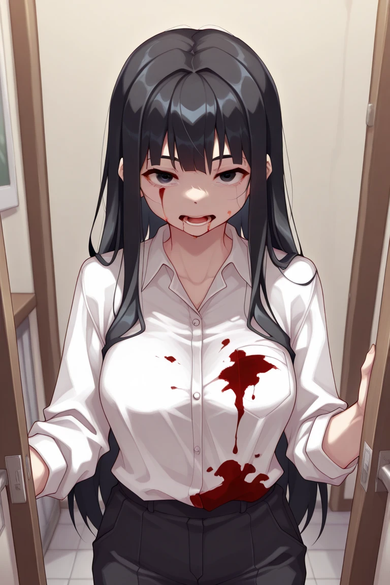 beautiful young blind female student dressed in shirt with rolled sleeves and dark skirt in the surgery room, solo, cute, big breasts, school uniform, ((blue button down shirt)), ((collarbone)), (chest pocket), short dark skirt, masterpiece, best quality, amazing quality, hyper-detailed, realistic, goo leaking from her eyes, bloody tears, hollow eyes, clenched teeth, half closed eyes, holding bloody scalpel in hand, ((two small pale red bloody eyeballs on the tray))
