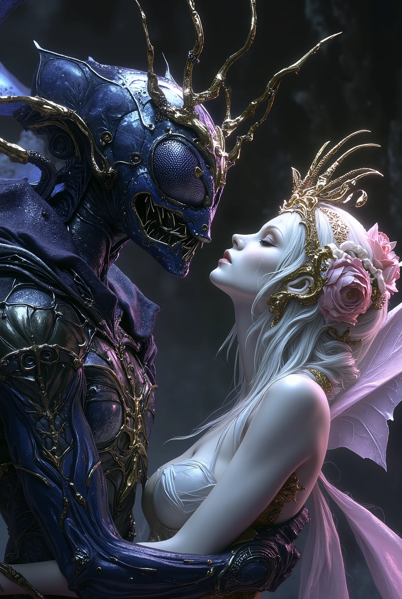 (Best Quality, 4K, high definition, masterpiece:1.2), (super detailed, photorealistic looking happy:1.37), photo taken by professional photographer, a beautiful, 1 extremely sensual prince of bugs, with 1 beautiful female flower spirit, kissing each other, detailed facial features, elegant posture, alluring expression, best quality, 4K, high resolution, photorealistic, HDR, UHD, studio lighting, vivid colors, fantasy scene, dark atmosphere, dramatic lighting, intricate details, macro photography, insect portrait, neon colored, dark moody lighting