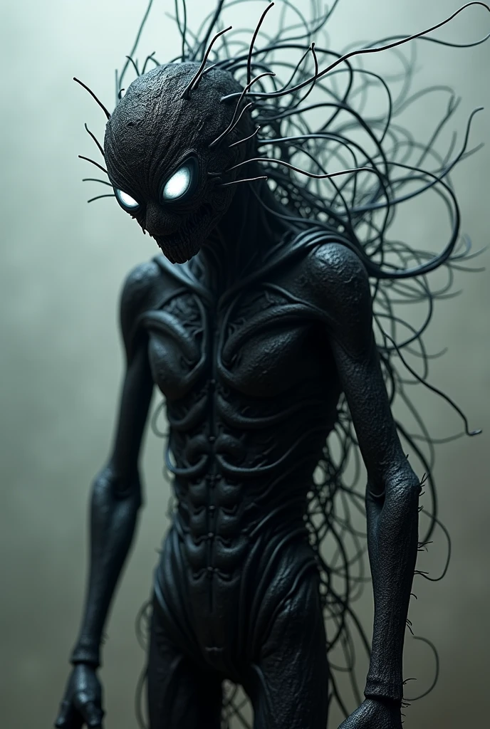 bs, solo, simple background, monochrome, upper body, greyscale, bodysuit, black background, 1other, monster, arms at sides, horror (theme), alien, bad anatomy, ravens, creaper
