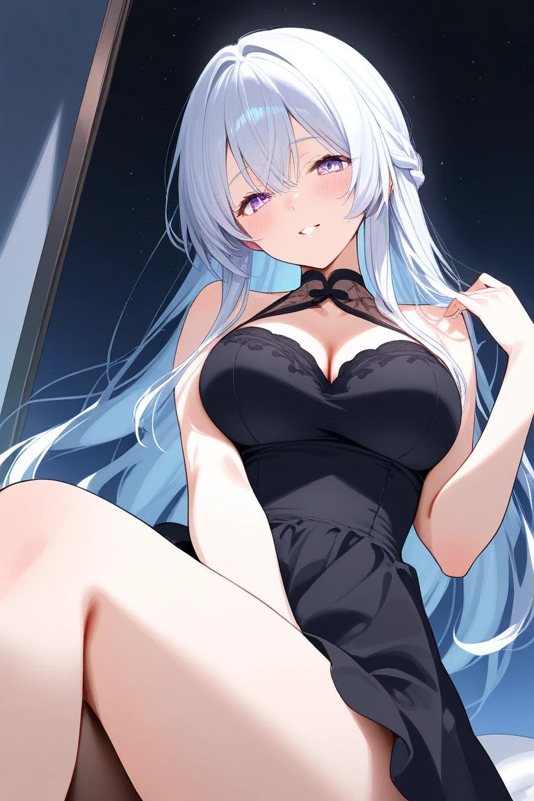 1 girl, game CG, see-through black dress, cleavage visible, navel visible, black panties, devil's tail, devil's horns, string hair ribbon, gigantic breasts, light blue hair, middle hair, two side up, blue eyes, halloween background,