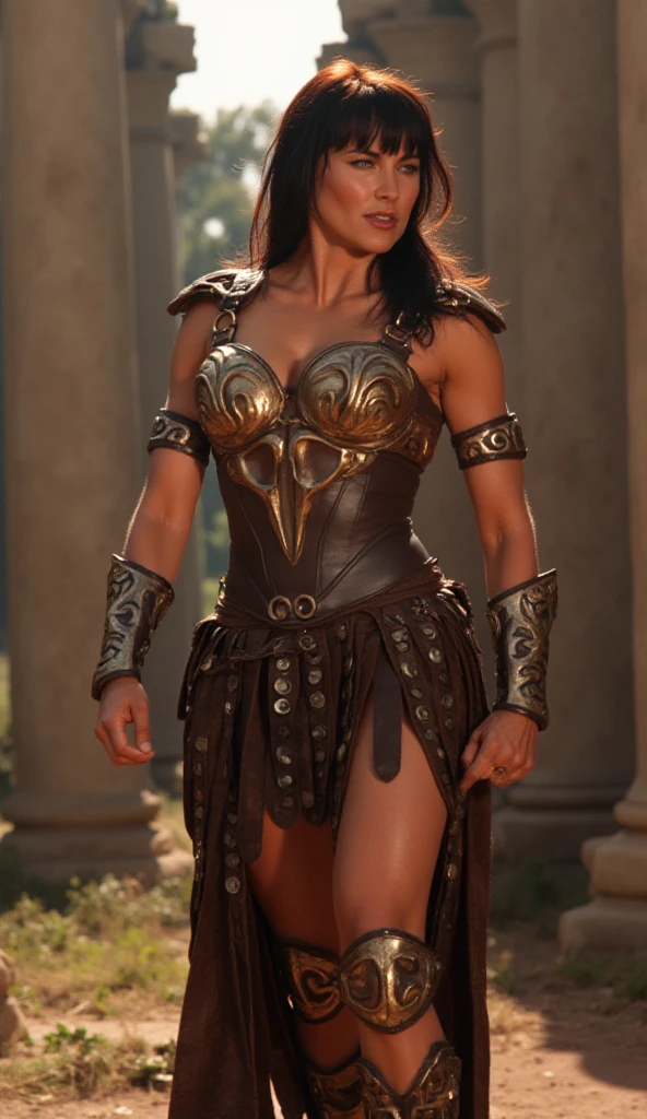 Beautiful Brazilian woman, female gladiator, strong body, big round breast, perfect thighs, wearing bikini armors consisting typically of chainmail, gloves, standing and starring, coliseum background, ancient gladiator contest theme, dusty environment, good lighting, hyper realistic photo, fantasy photo, medium view