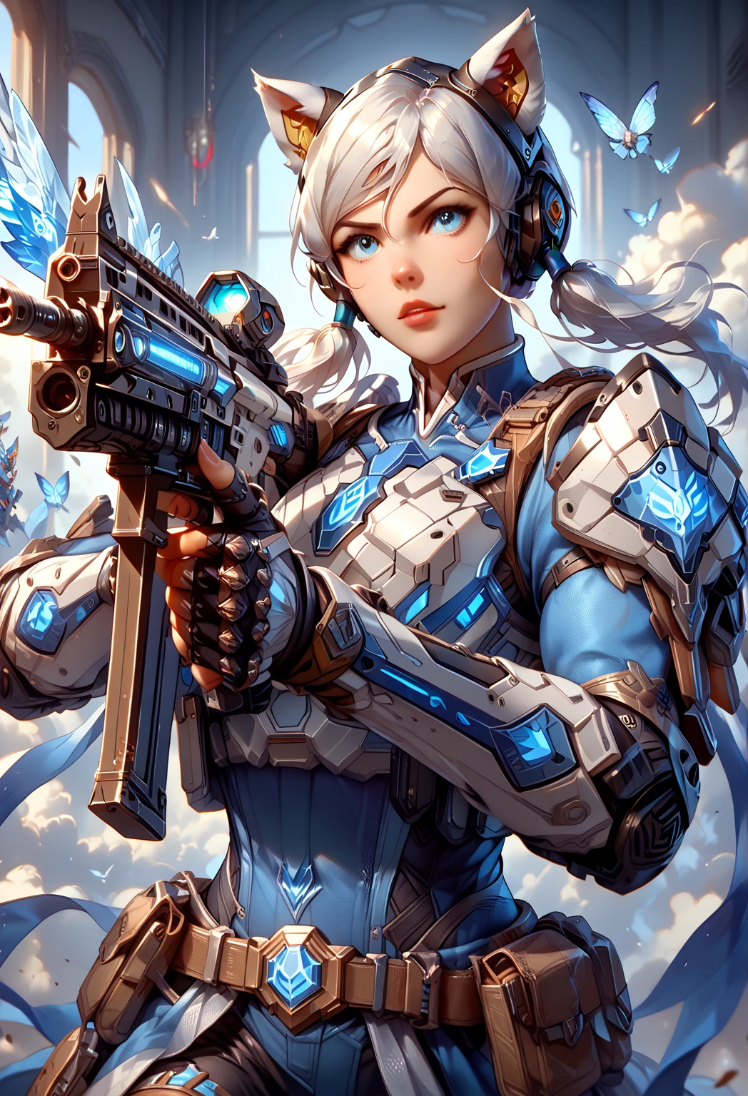 exoskeloton body armor with helmet, white platinum shining, biotic super HD , organic material, Voltron Legendary Defender, holding light machine gun, anime, tactical armor, Tactical military helmet,
S gauntlet, korra tactical vest, animal ears, wolf , full tactical gear