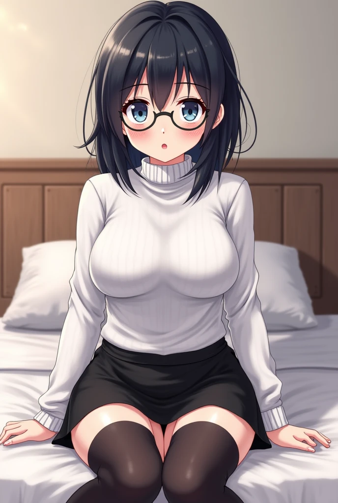 black short bob, medium breast, brown eyes, adult lady, black tight sweater, black tight skirt,black glasses, add detail, masterpiece,lying on the bed,open legs,embarrassed,flushed cheek,fully open mouth,excited, shiny skin, shiny body, 1girl,((touching own pussy, closeup,torogao))