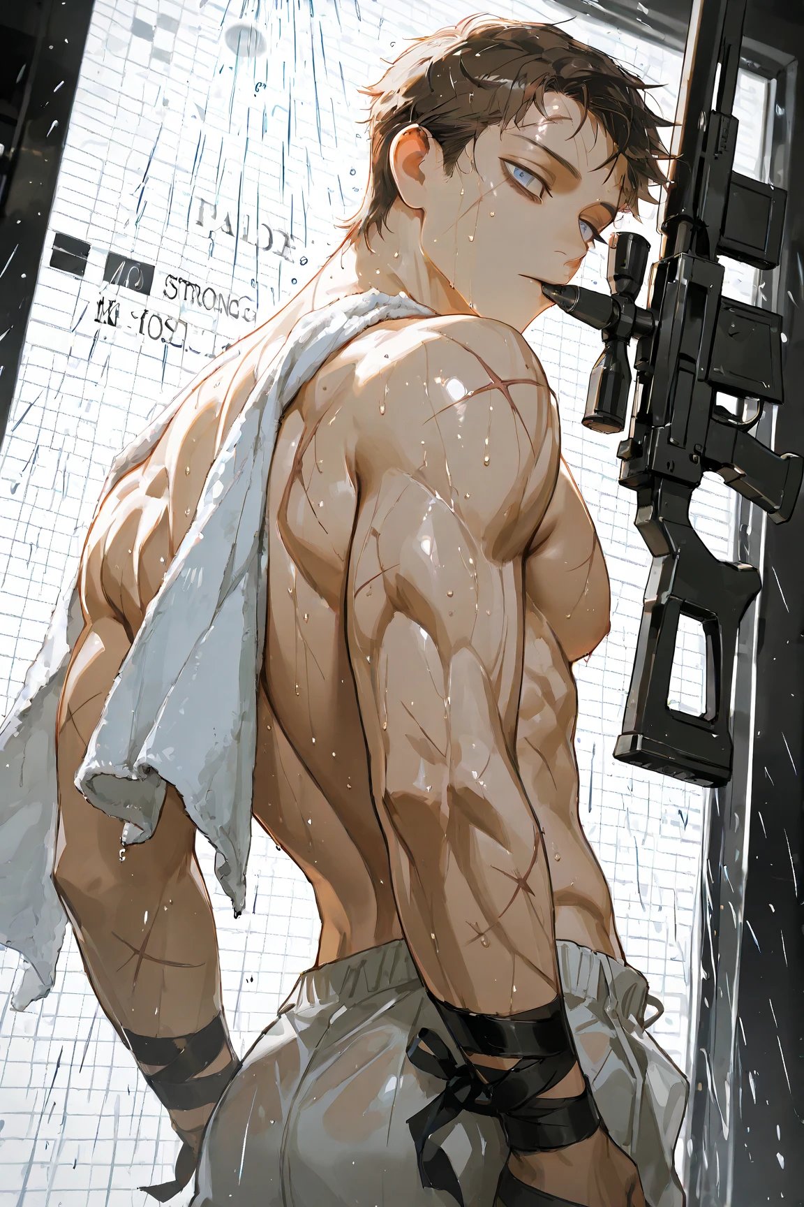 score_9, score_8_up, score_7_up, score_6_up, score_5_up, score_4_up BREAK anime, anime style BREAK barcode tattoos, (mechabare:1.6, broken, damaged, heavily damaged, destroyed, dismembered, dismemberment, severed, severed limbs, severed body, amputee, amputated, missing limbs, robot gore, robot guro), solo, male, young, extremely muscular, muscle, abs, pecs, short messy bright white hair, fox ear, animal ear, fix tail, detailed eyes, hard nipples, speedo, component, mechanical parts, mechanical component, lying, lying on the ground, leaning back to pile of box, pile of trash, dark dim alleyway ground, dark dim alleyway background, oil, machine oil, pool of oil, leaking oil, dripping oil, smoke, spewing smoke, spark, electrical sparks, electricity, angry expression, looking away, BREAK good quality, best quality, high quality, high definition, hd, 4k, 8k, masterpiece, intricate, extremely intricate, intricate details
